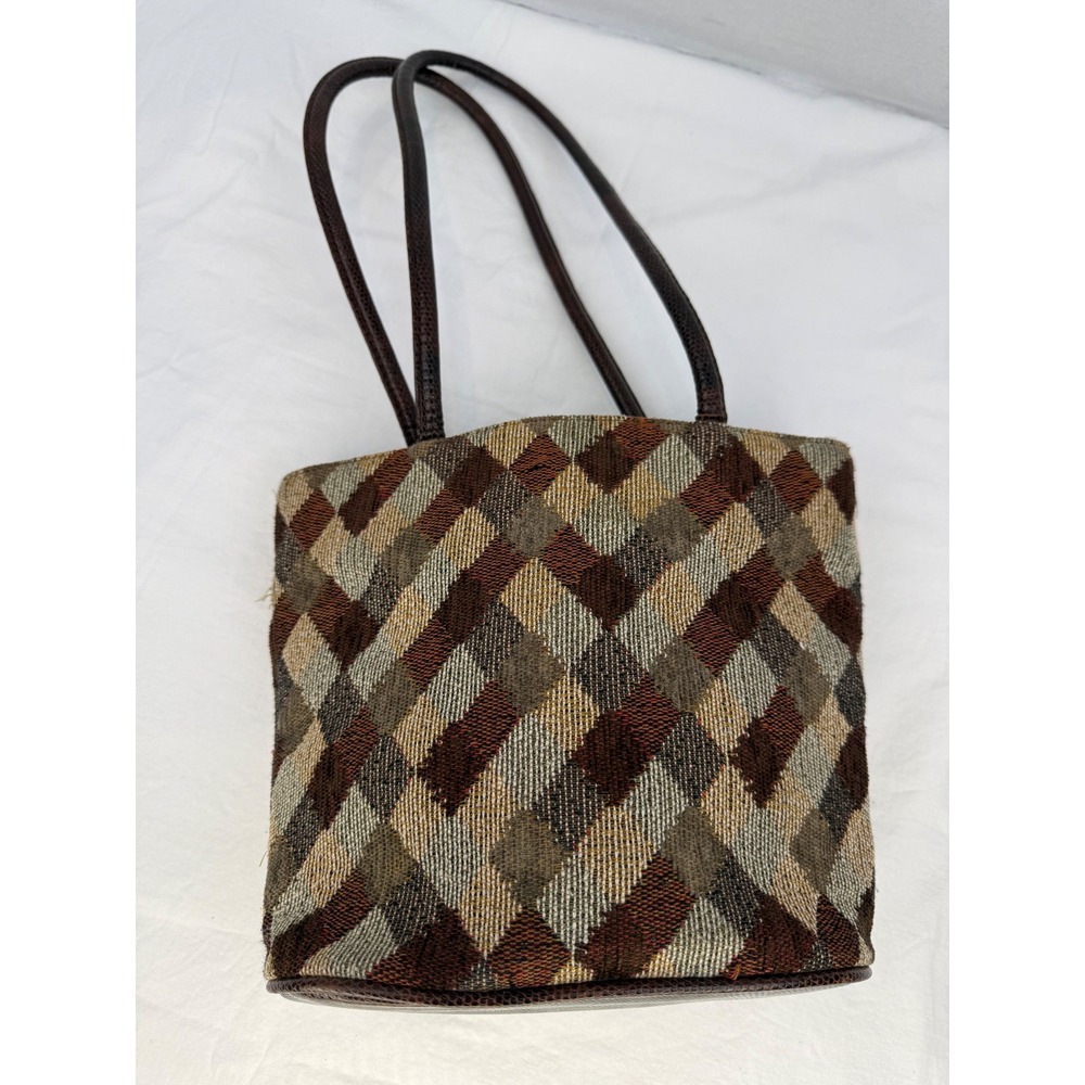 Bueno Brown Tapestry Diamond‎ Pattern Faux Lizard Trim Shoulder Bag Tote